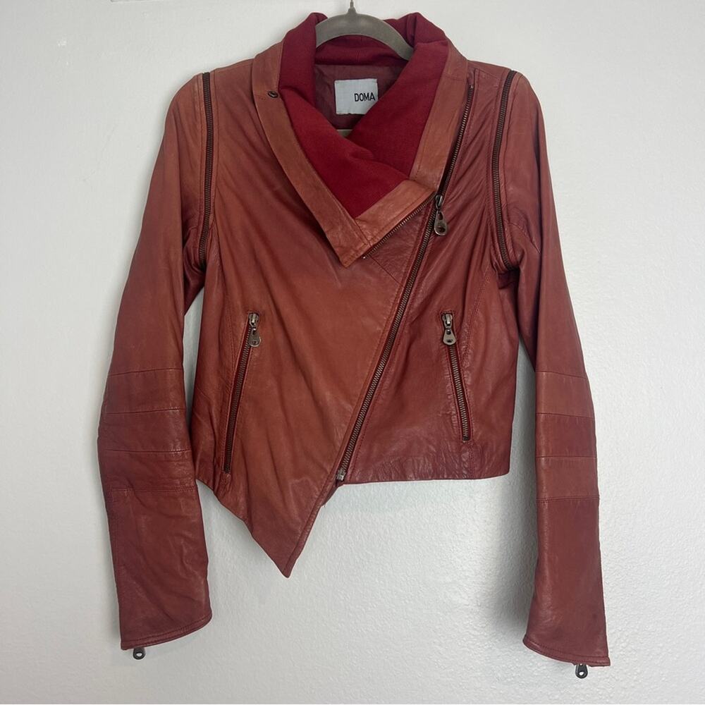 Doma | Red Maroon Leather Moto Biker Jacket Cropped Asymmetrical Full Zip Up S